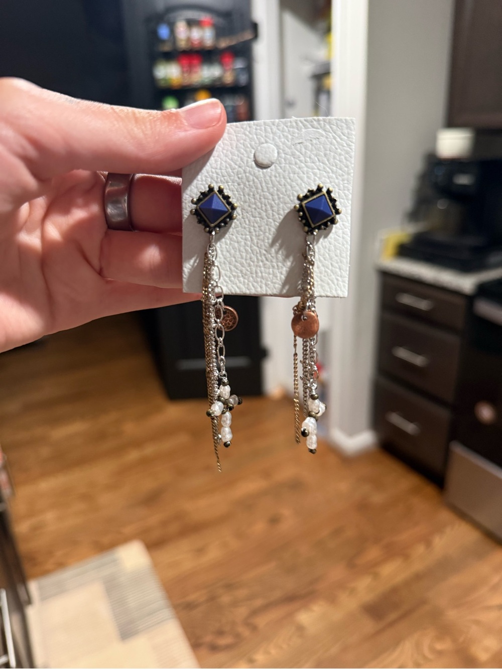 Free People Silver-Tone Dangle Earrings with Navy Stone and Mixed Beads NWT $48